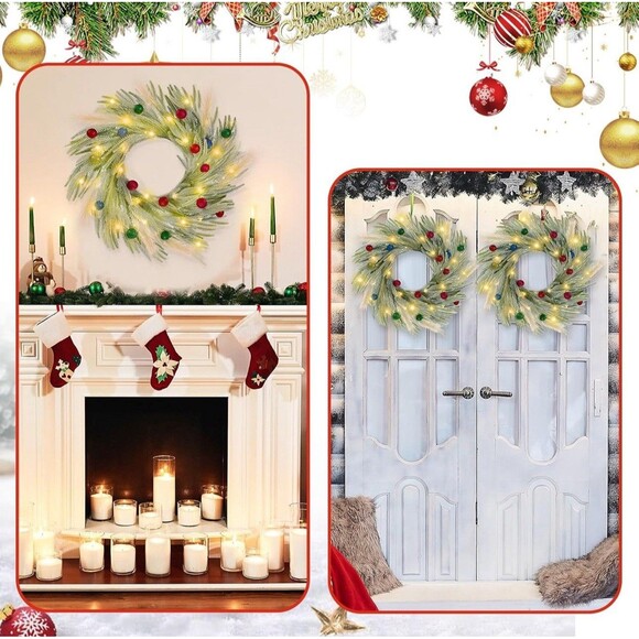 24" Lighted Norfolk Pine  Christmas Wreath with Pampas Pre Lit Multicolor - Picture 6 of 6